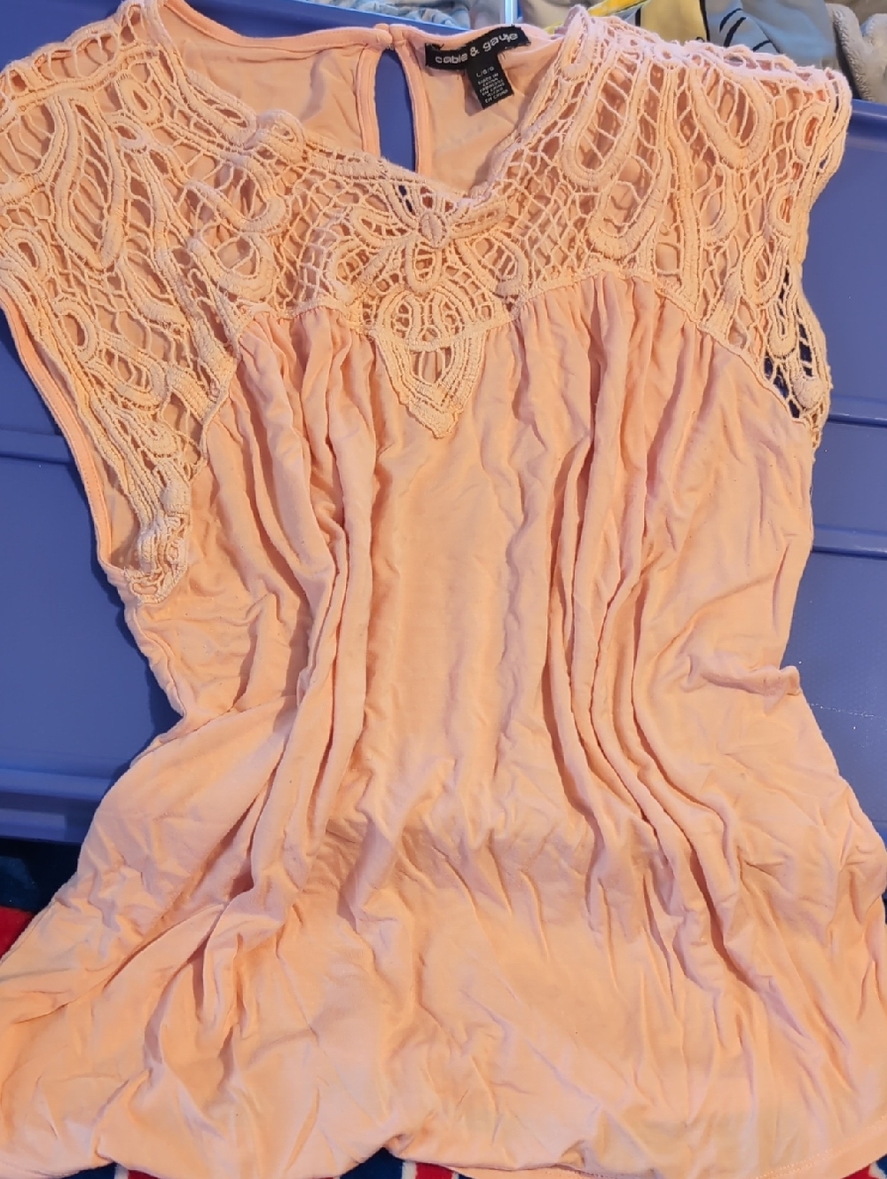 Coral Crochet Yoke Cap Sleeve Top